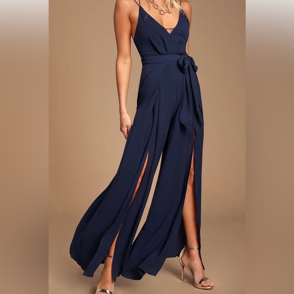 Navy blue backless wide leg jumpsuit